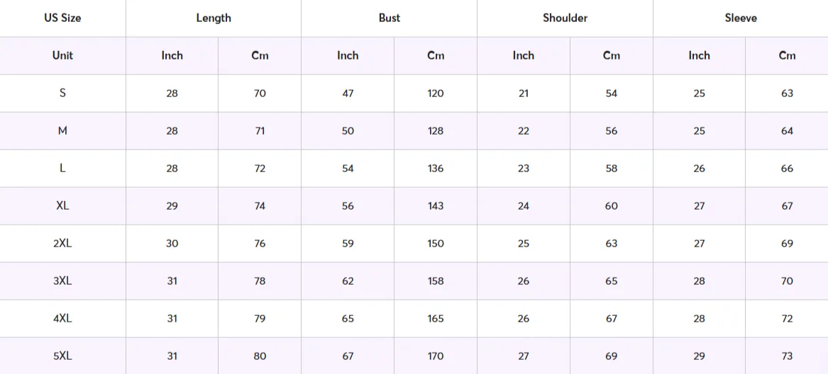 Bomber Jacket Size Chart