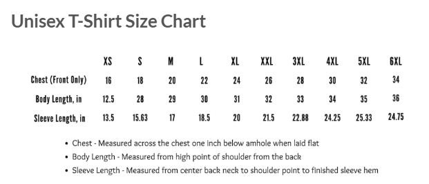Unisex T-Shirt Size Chart