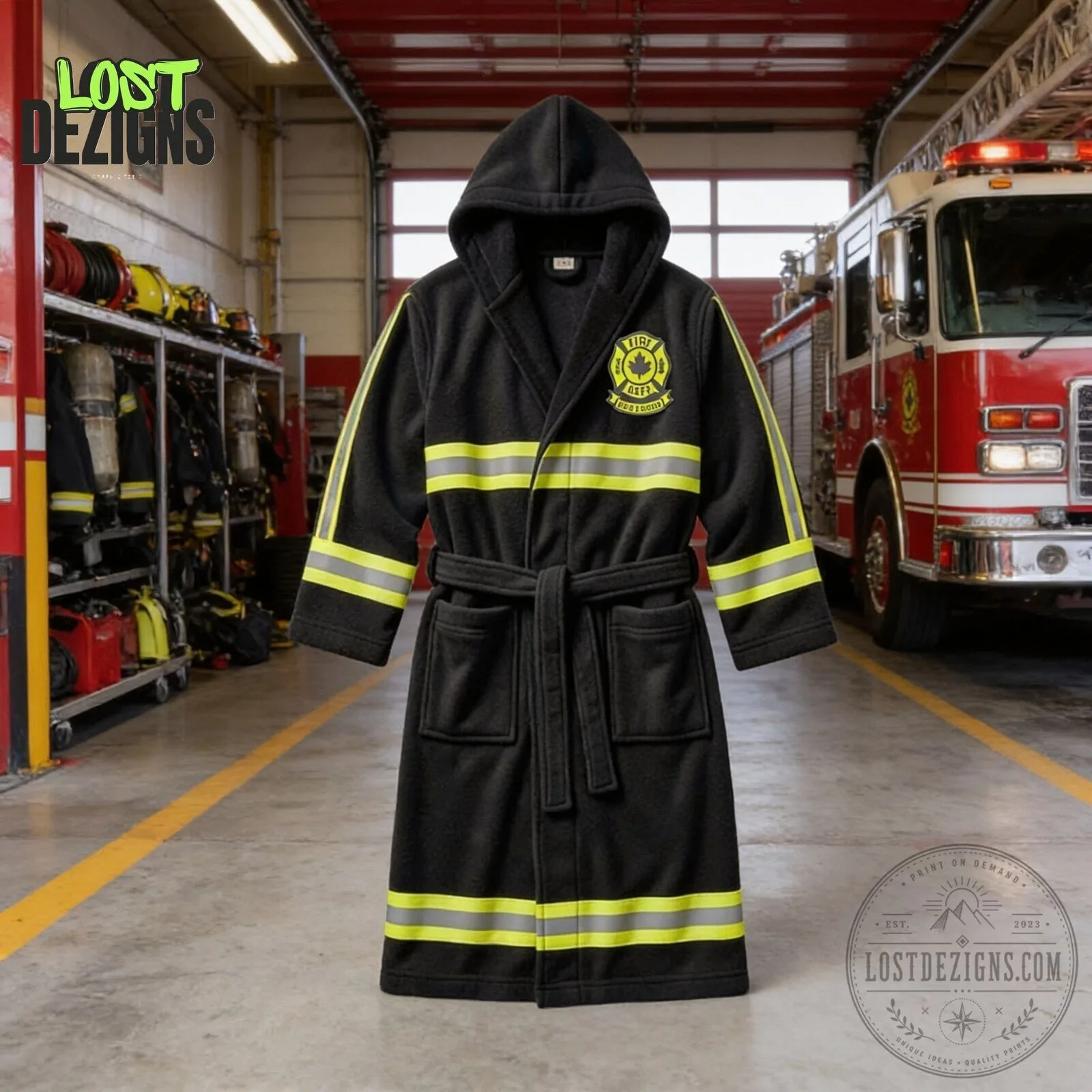 Firefighter Fire Department Turnout Gear Black & Green Hooded Bathrobe 4 Firefighter Fire Department Turnout Gear Black & Green Hooded Bathrobe