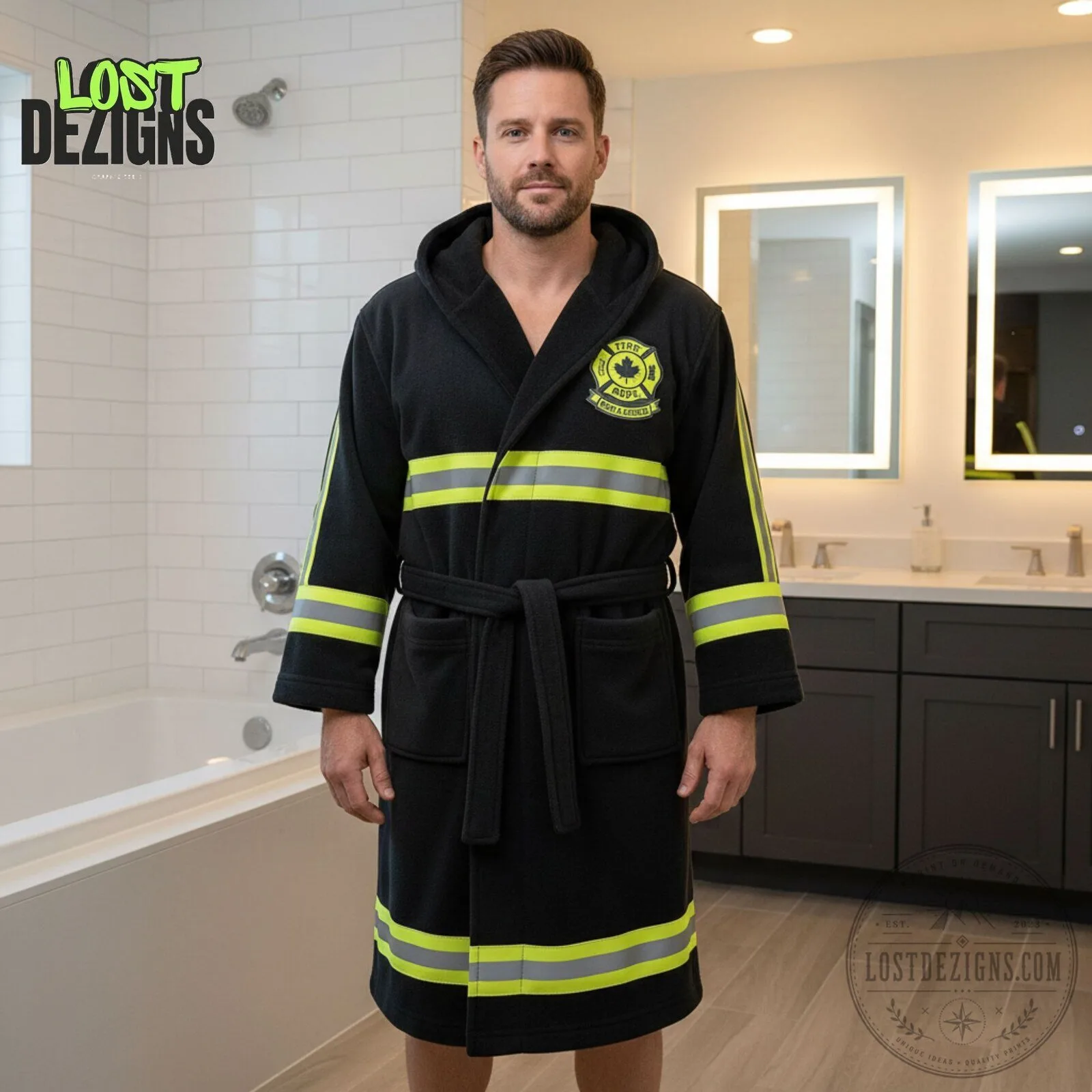 Firefighter Fire Department Turnout Gear Black & Green Hooded Bathrobe 7 Firefighter Fire Department Turnout Gear Black & Green Hooded Bathrobe