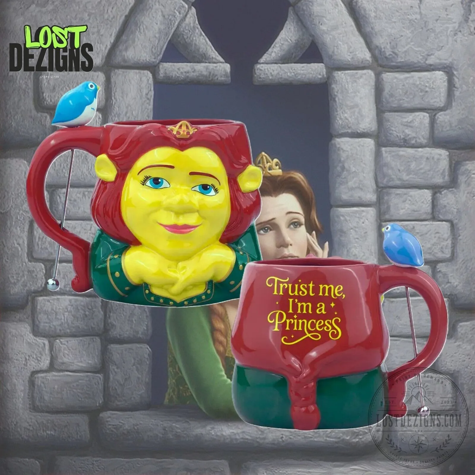 Shrek Trust Me I'm A Princess Fiona Ceramic Mug With Bird Stir Stick