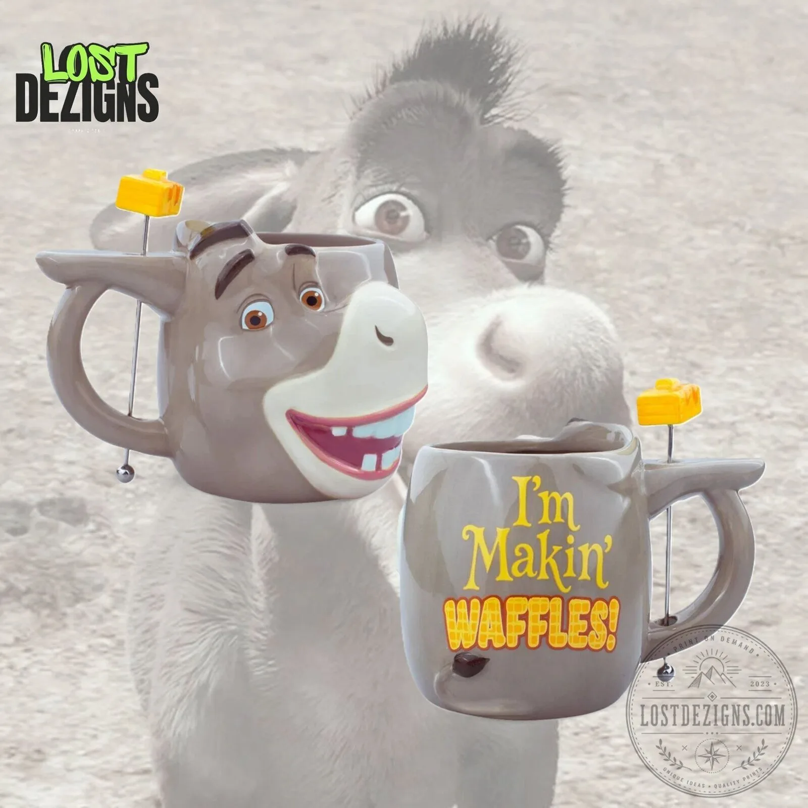 Shrek I'm Makin' Waffles Donkey Ceramic Mug With Waffle Stir Stick 4 Shrek I