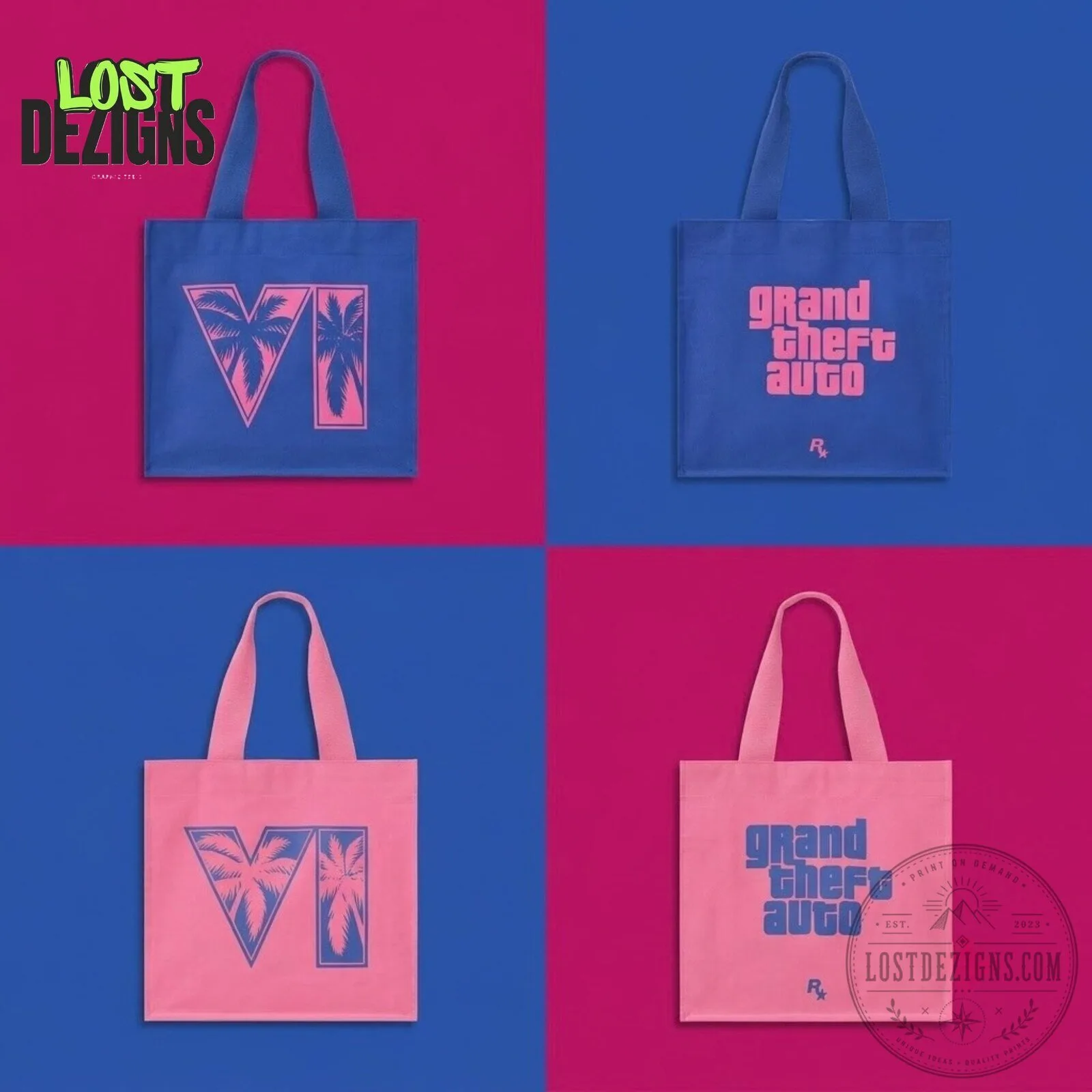 Rockstar Grand Theft Auto VI GTA 6 Blue And Pink Logo Canvas Tote 4 Rockstar Grand Theft Auto VI GTA 6 Blue And Pink Logo Canvas Tote