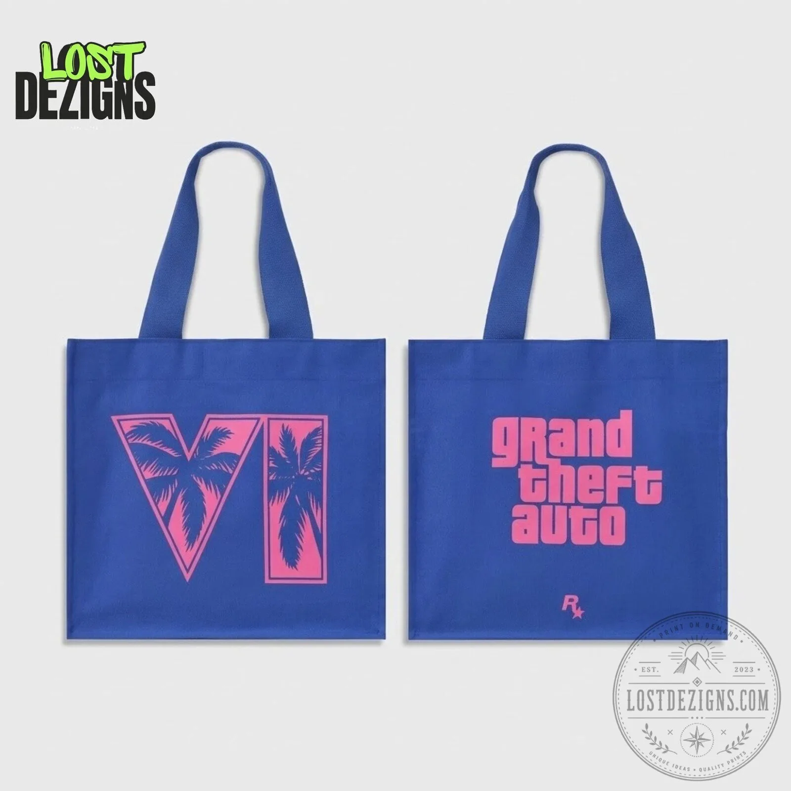 Rockstar Grand Theft Auto VI GTA 6 Blue And Pink Logo Canvas Tote 5 Rockstar Grand Theft Auto VI GTA 6 Blue And Pink Logo Canvas Tote