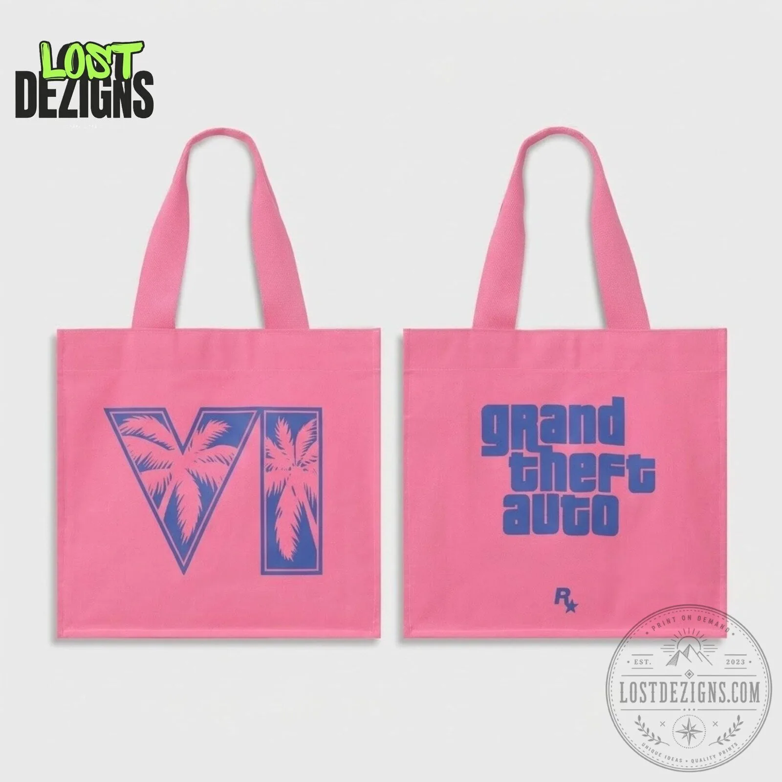 Rockstar Grand Theft Auto VI GTA 6 Blue And Pink Logo Canvas Tote 6 Rockstar Grand Theft Auto VI GTA 6 Blue And Pink Logo Canvas Tote