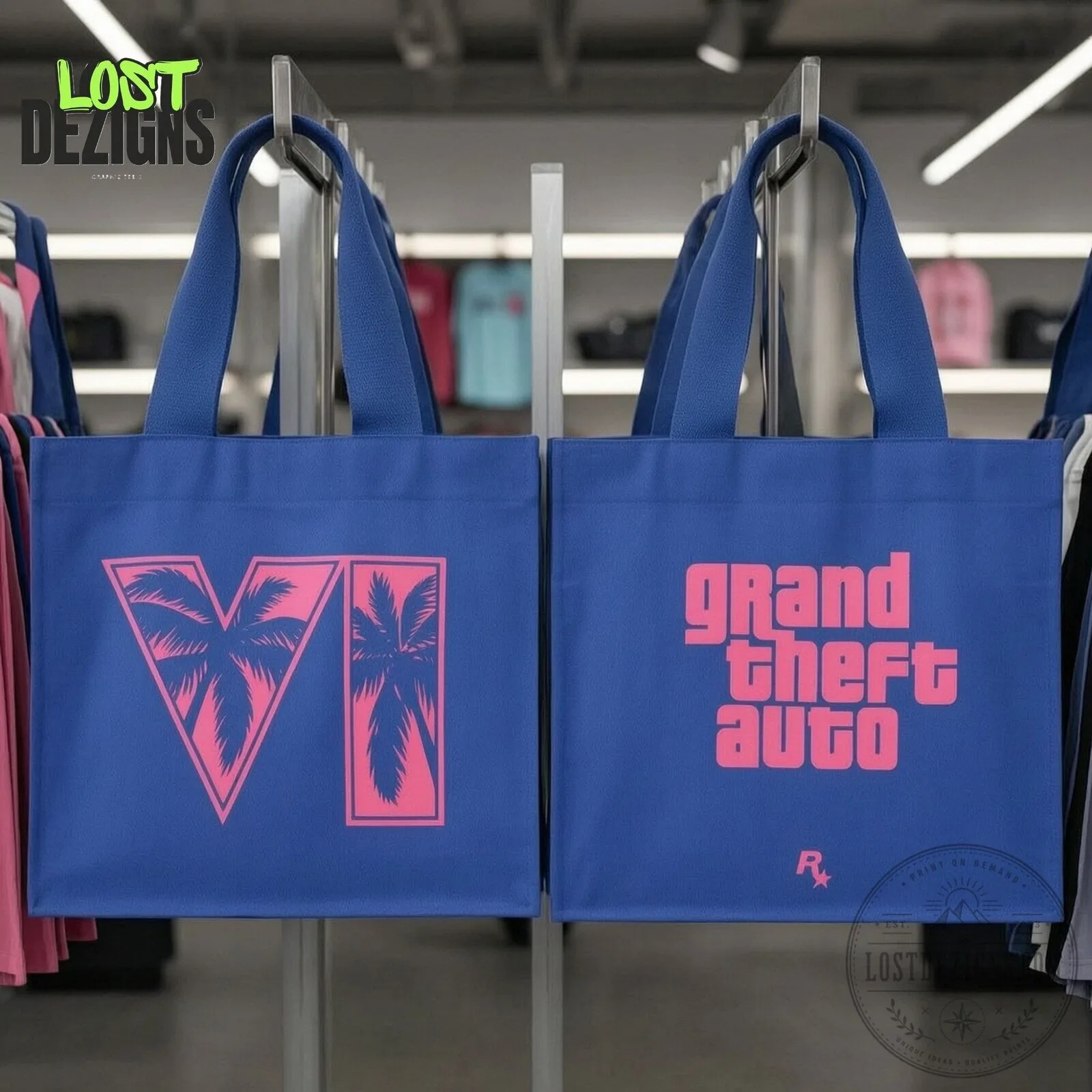 Rockstar Grand Theft Auto VI GTA 6 Blue And Pink Logo Canvas Tote 7 Rockstar Grand Theft Auto VI GTA 6 Blue And Pink Logo Canvas Tote
