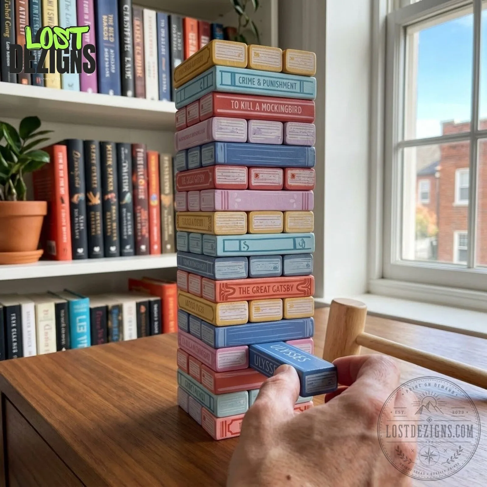 Tumbling Book Stack Colorful Book Themed Wooden Jenga Game Set 6 Tumbling Book Stack Colorful Book Themed Wooden Jenga Game Set