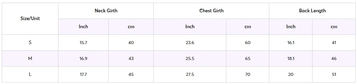 Pet Jacket Size Chart