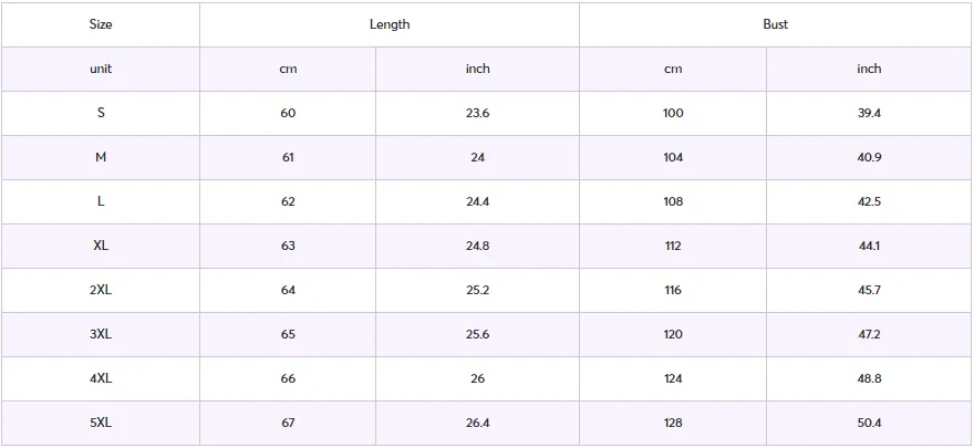 One Shoulder T-Shirt Size Chart