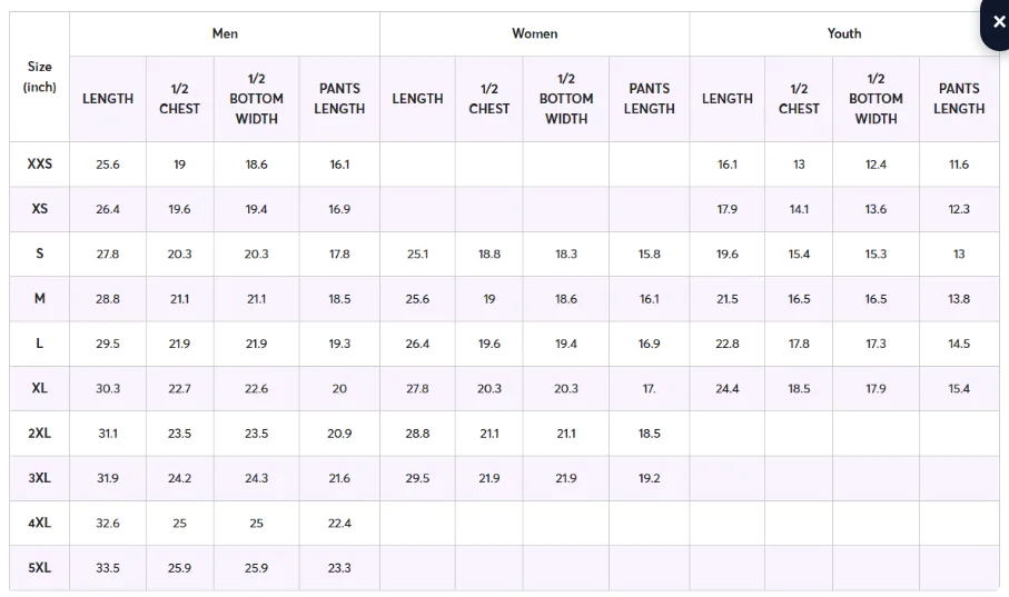 Long Sleeve Jersey Size Chart